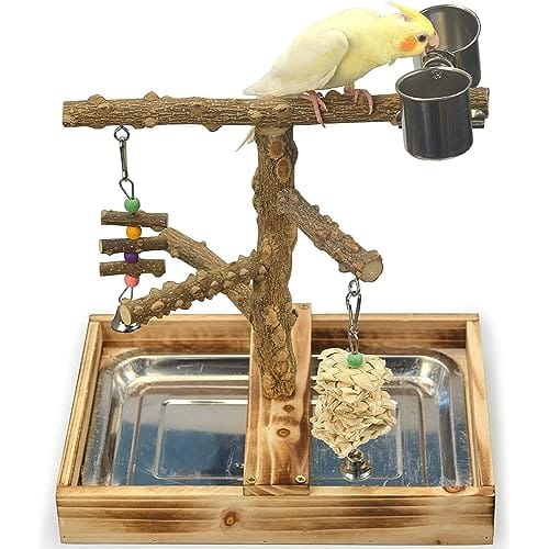 with Removable Tray and 2 Stainless Steel Cups，Natural Wood Bird Toys Playground,Bird Perches， Bird Cage Accessories