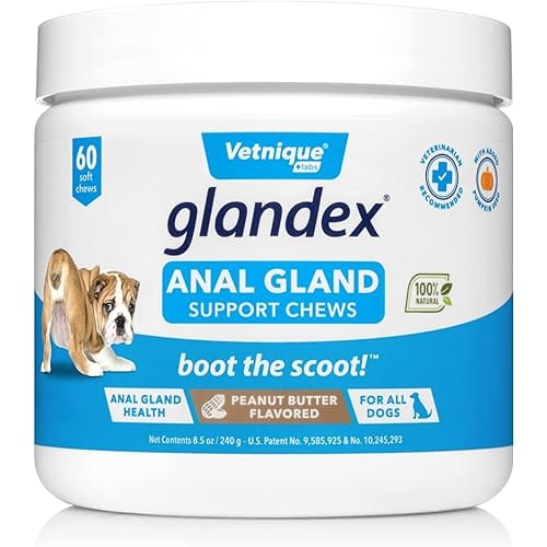 Glandex Anal Gland Soft Chew Treats with Pumpkin for Dogs Digestive Enzymes, Probiotics Fiber Supplement for Dogs Boot The Scoot (Peanut Butter Chews, 60ct)