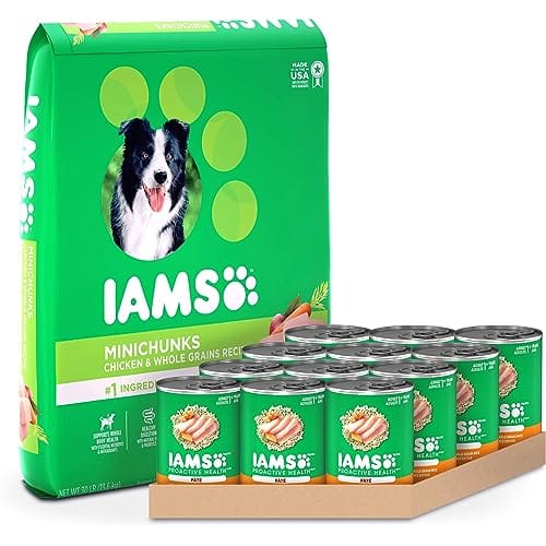 IAMS Proactive Health Adult Minichunks Dry Dog Food and Classic Pate Wet Dog Food Cans, Chicken Recipes