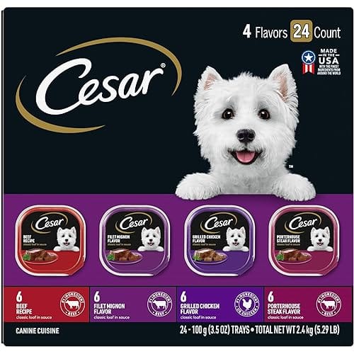 CESAR Wet Dog Food Classic Loaf in Sauce Beef Recipe, Filet Mignon, Grilled Chicken and Porterhouse Steak Variety Pack, (24) 3.5 oz. Easy Peel Trays