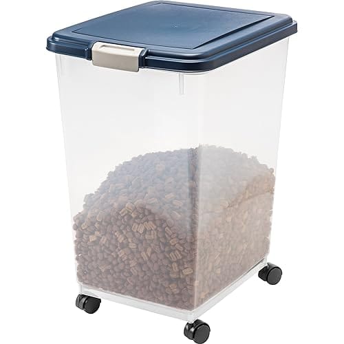 IRIS USA 50Lbs./69Qt. WeatherPro Airtight Pet Food Storage Container with Attachable Casters, For Dog Cat Bird and Other Pet Food Storage Bin, Keep Fresh, Translucent Body, Easy Mobility, Navy