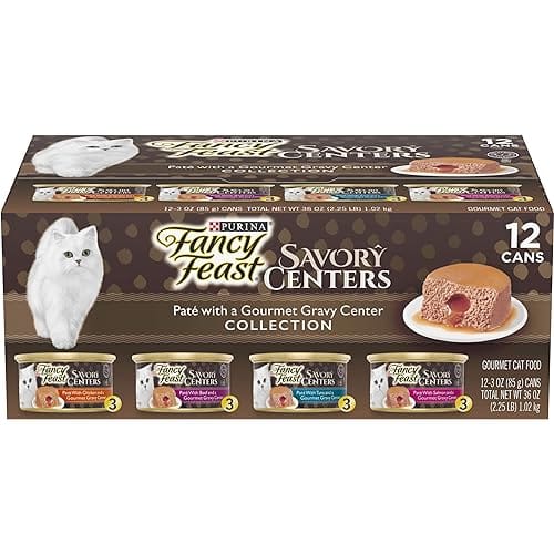 Purina Fancy Feast Pate Wet Cat Food Variety Pack, Savory Centers Pate with a Gravy Center – (12) 3 oz. Pull-Top Cans