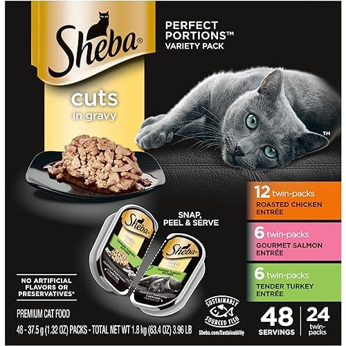 SHEBA PERFECT PORTIONS Cuts in Gravy Adult Wet Cat Food Trays (24 Count (pack of 2), 48 Servings), Roasted Chicken, Gourmet Salmon and Tender Turkey Entrée, Easy Peel Twin-Pack Trays